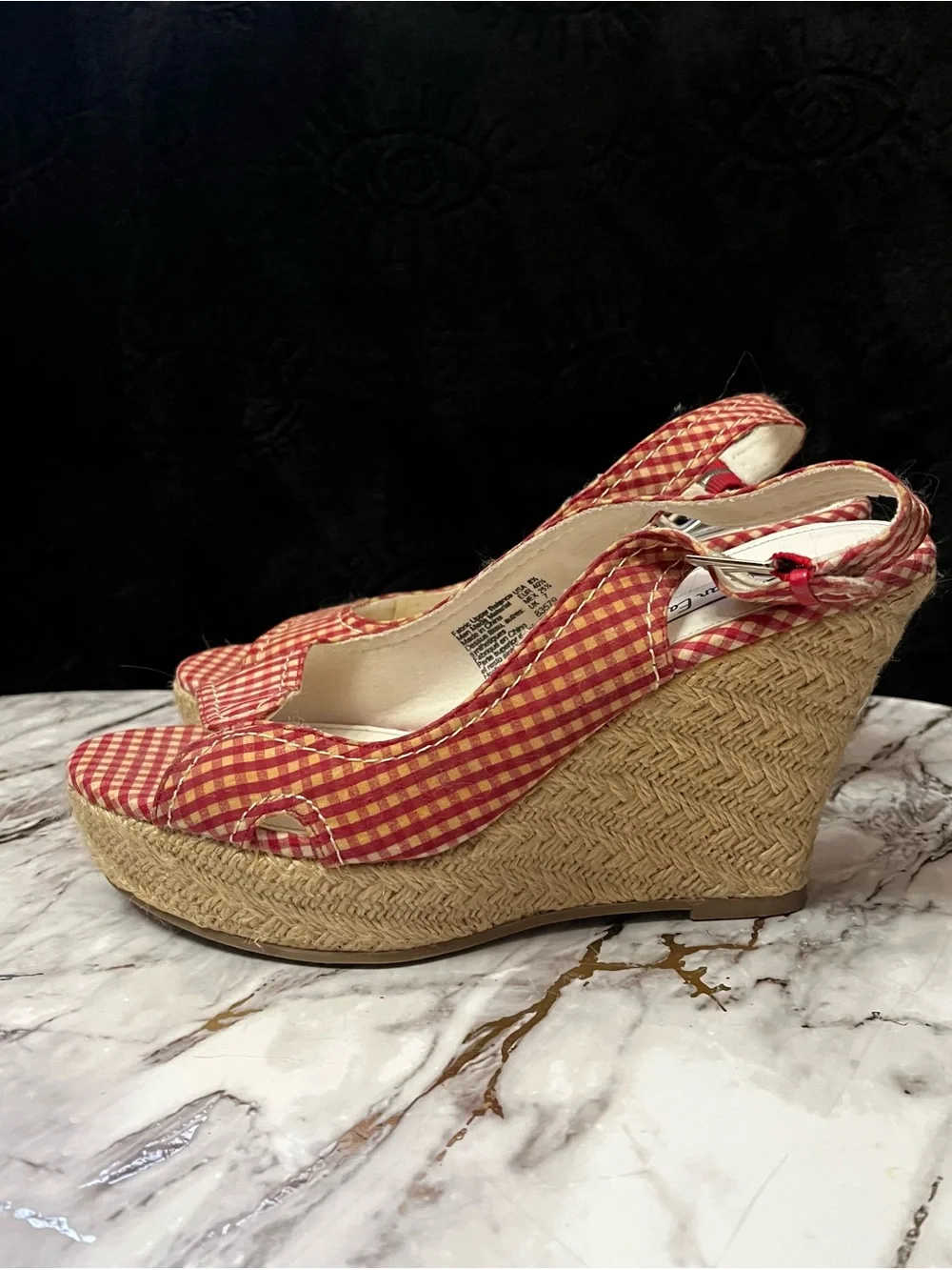 American Eagle Outfitters Red Gingham Espadrille Wedge Sandals